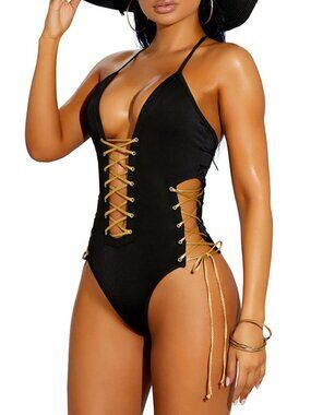 Black Gold Lace Up Monokini Sexy Side Cut Out One Piece Swimsuit